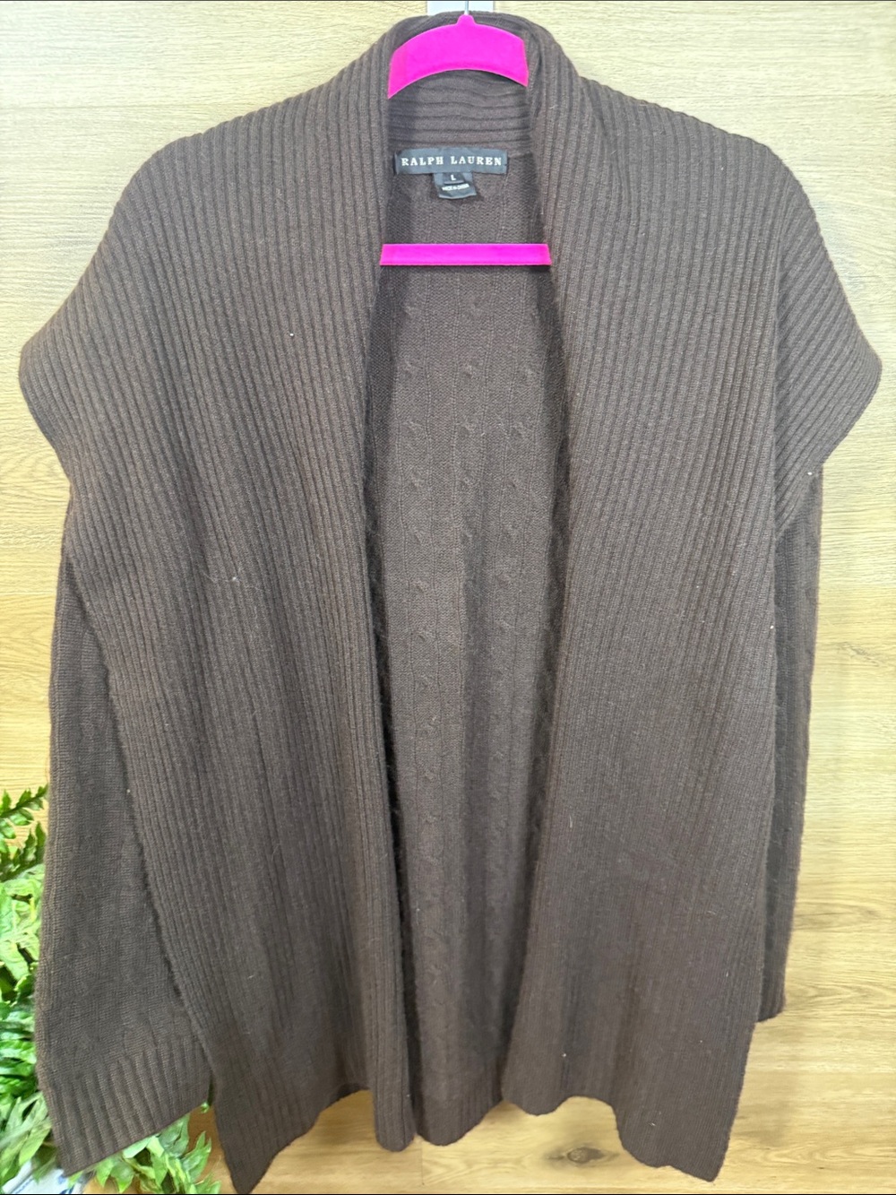 Ralph Lauren Chocolate Brown Open-Front Ribbed Cardigan